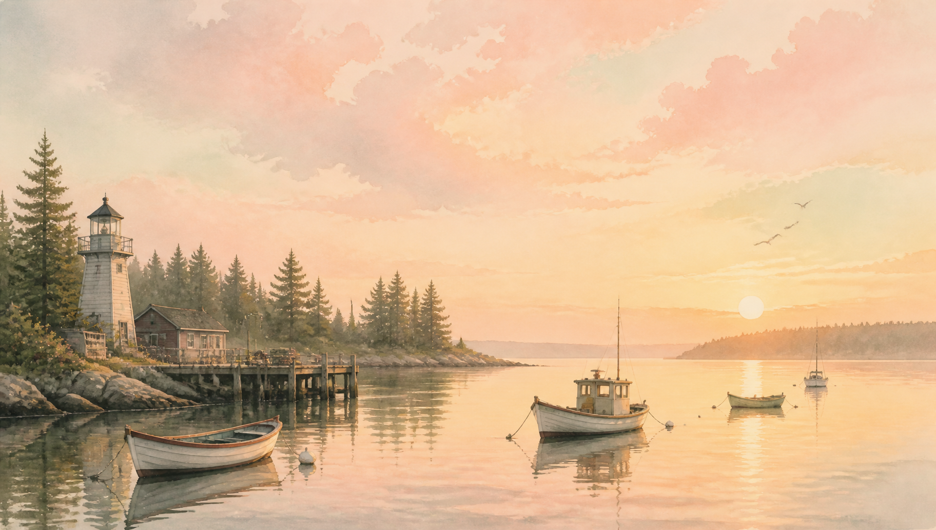 A calm harbour at sunset with soft pink skies and gentle boats